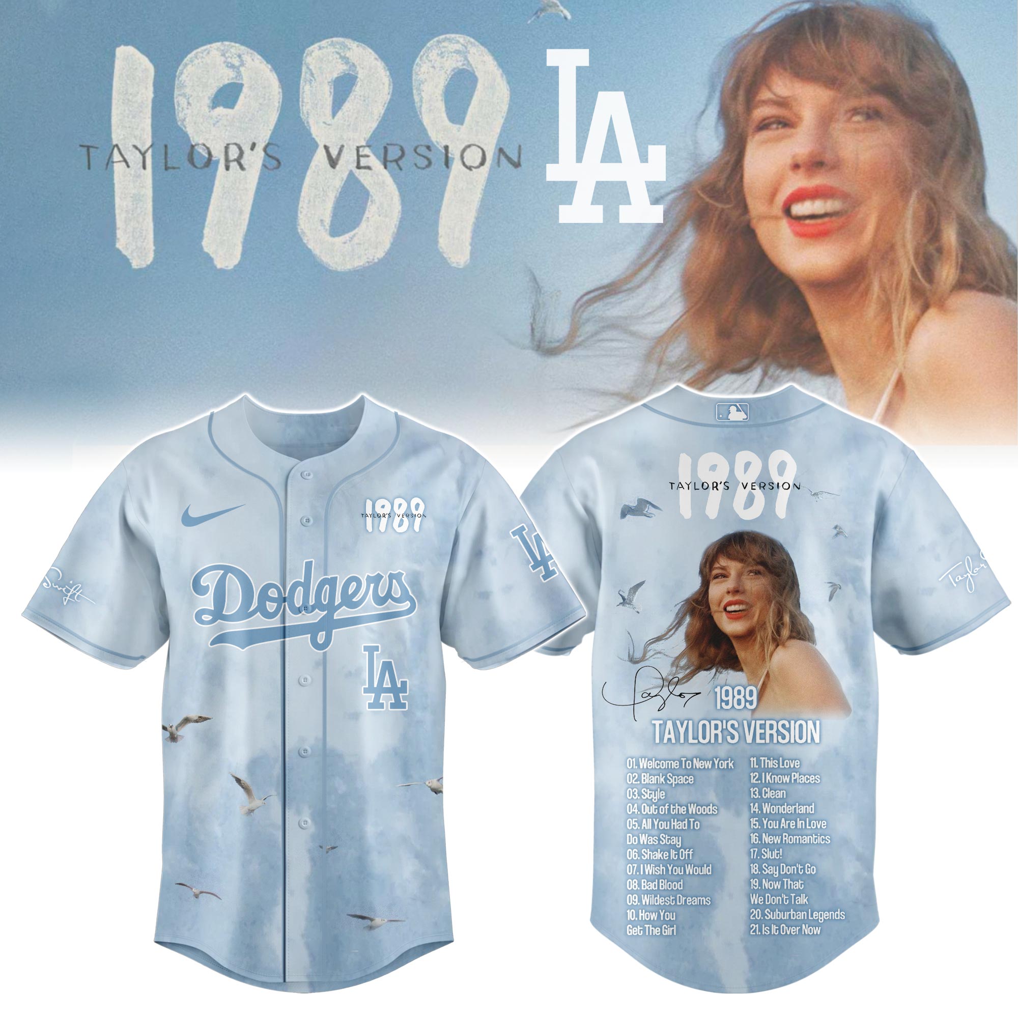 Los Angeles Dodgers x Taylor Swift 1989 Blue Sky Baseball Jersey For Sport Teams Fans