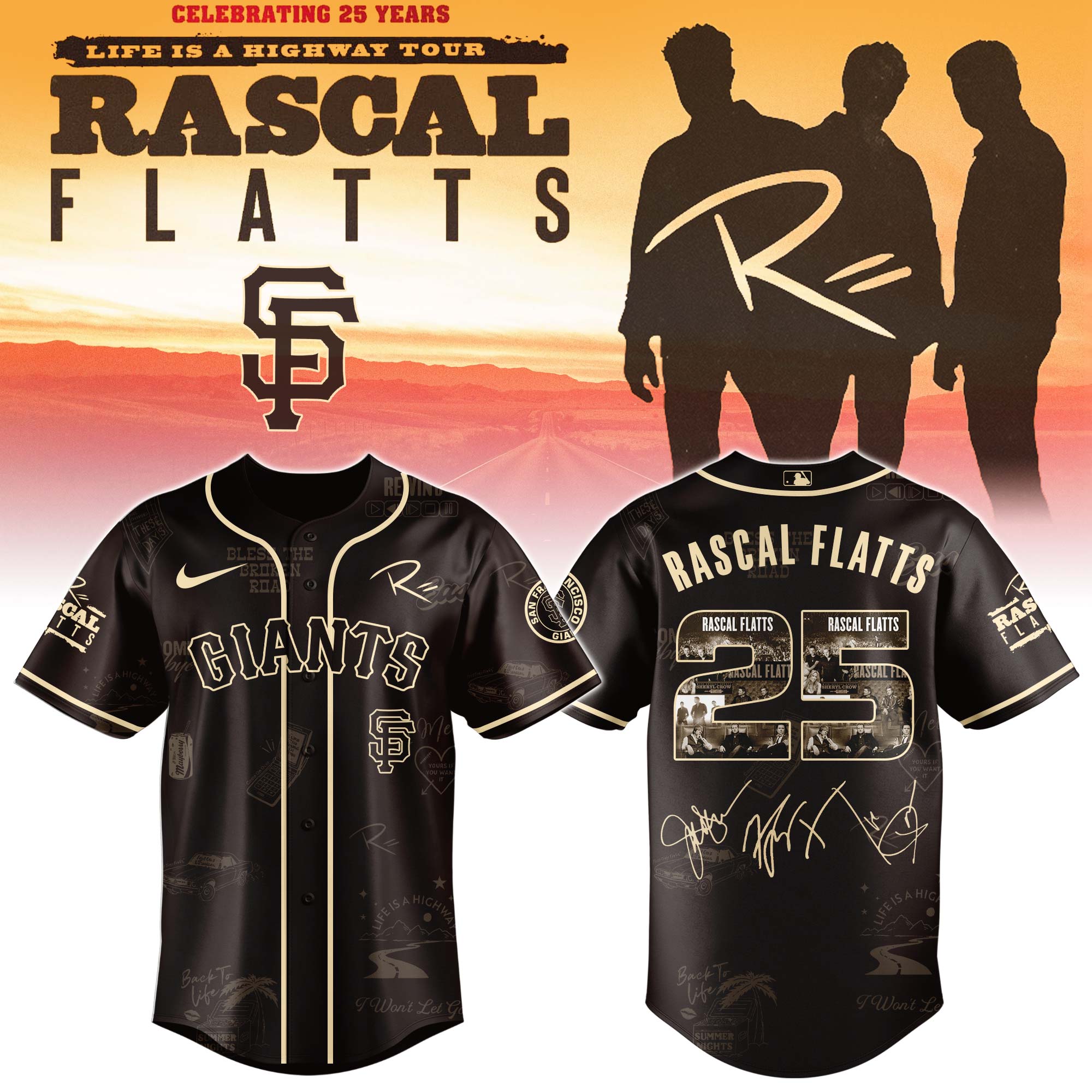 San Francisco Giants x Rascal Flatts Life Is Highway Tour Baseball Jersey For Sport Teams Fans