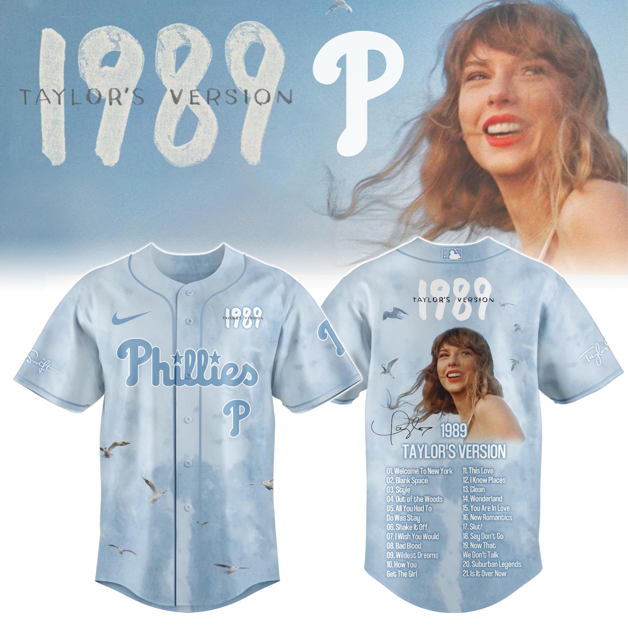 Philadelphia Phillies x Taylor Swift 1989 Blue Sky Baseball Jersey For Sport Teams Fans