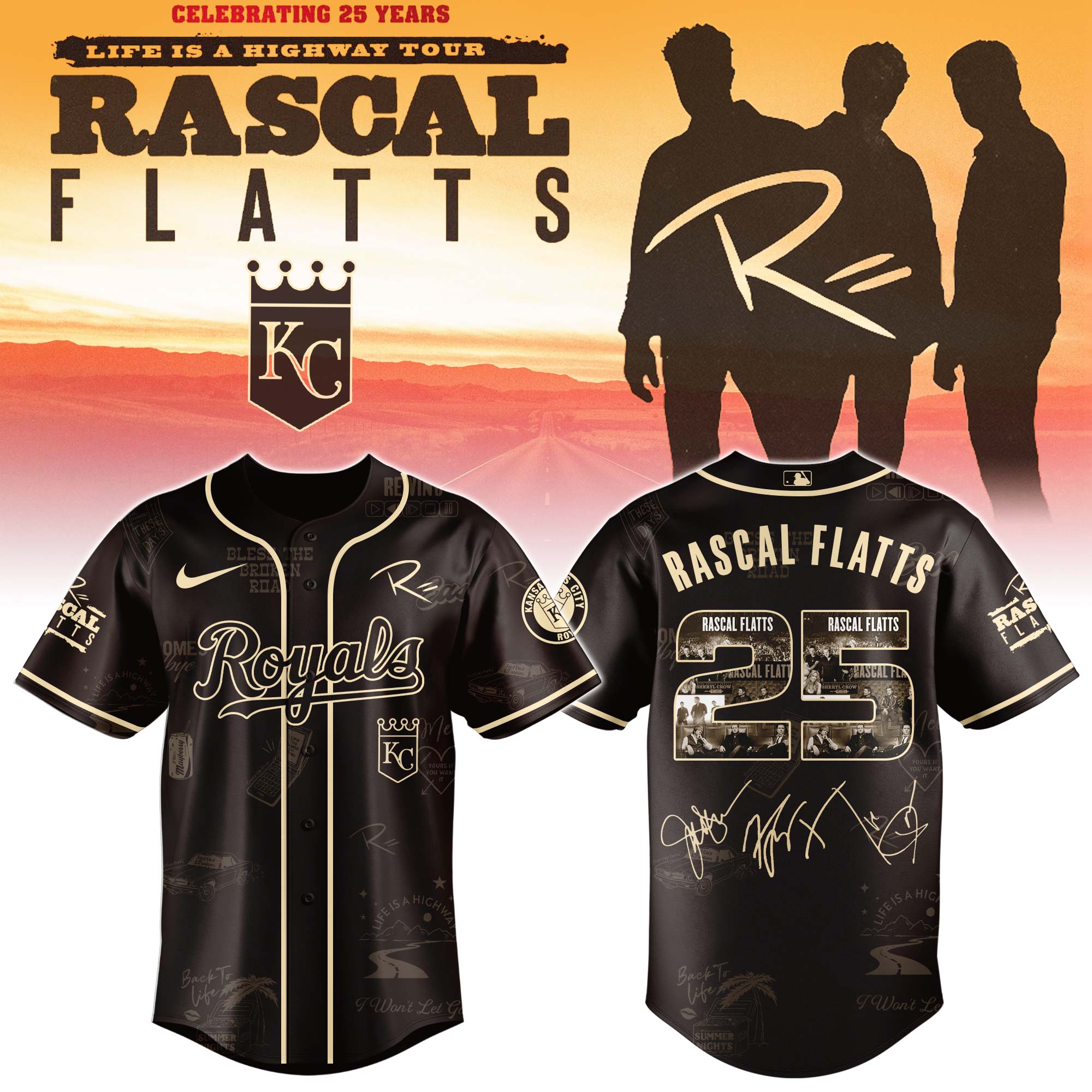 Kansas City Royals x Rascal Flatts Life Is Highway Tour Baseball Jersey For Sport Teams Fans