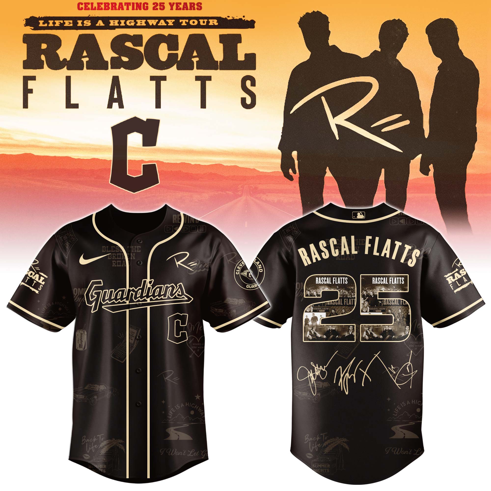 Cleveland Guardians x Rascal Flatts Life Is Highway Tour Baseball Jersey For Sport Teams Fans