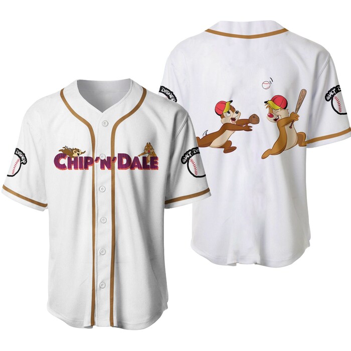 Chip & Dale Chipmunks White Brown Cute Disney Unisex Cartoon Graphics Casual Outfits Custom Baseball Jersey