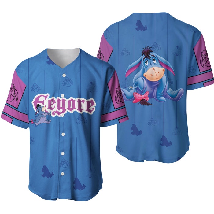 Eeyore Donkey Blue Purple White Stripes Patterns Disney Unisex Cartoon Casual Outfits Baseball Jersey