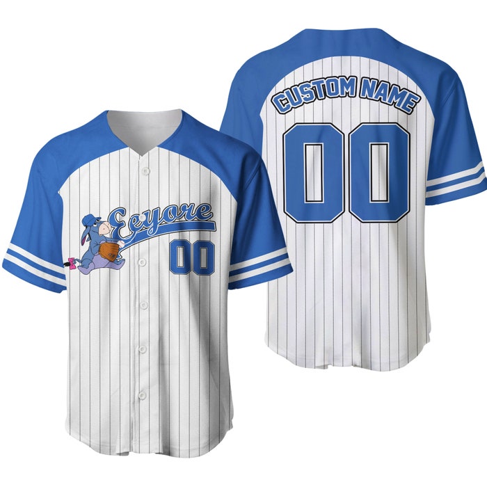 Eeyore Donkey Striped Blue White Unisex Cartoon Graphic Casual Outfit Custom Baseball Jersey