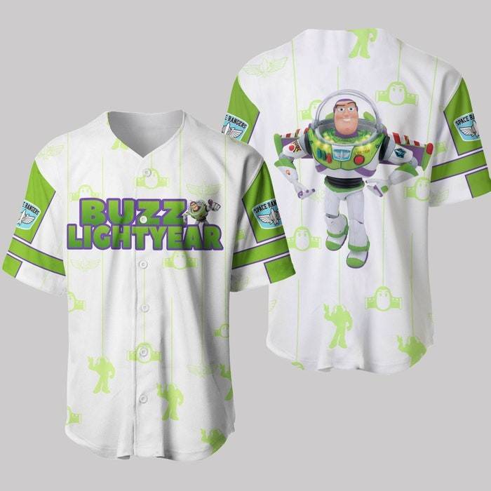 Toy Story Buzz Lightyear White Green Patterns Disney Unisex Cartoon Casual Outfits Baseball Jersey