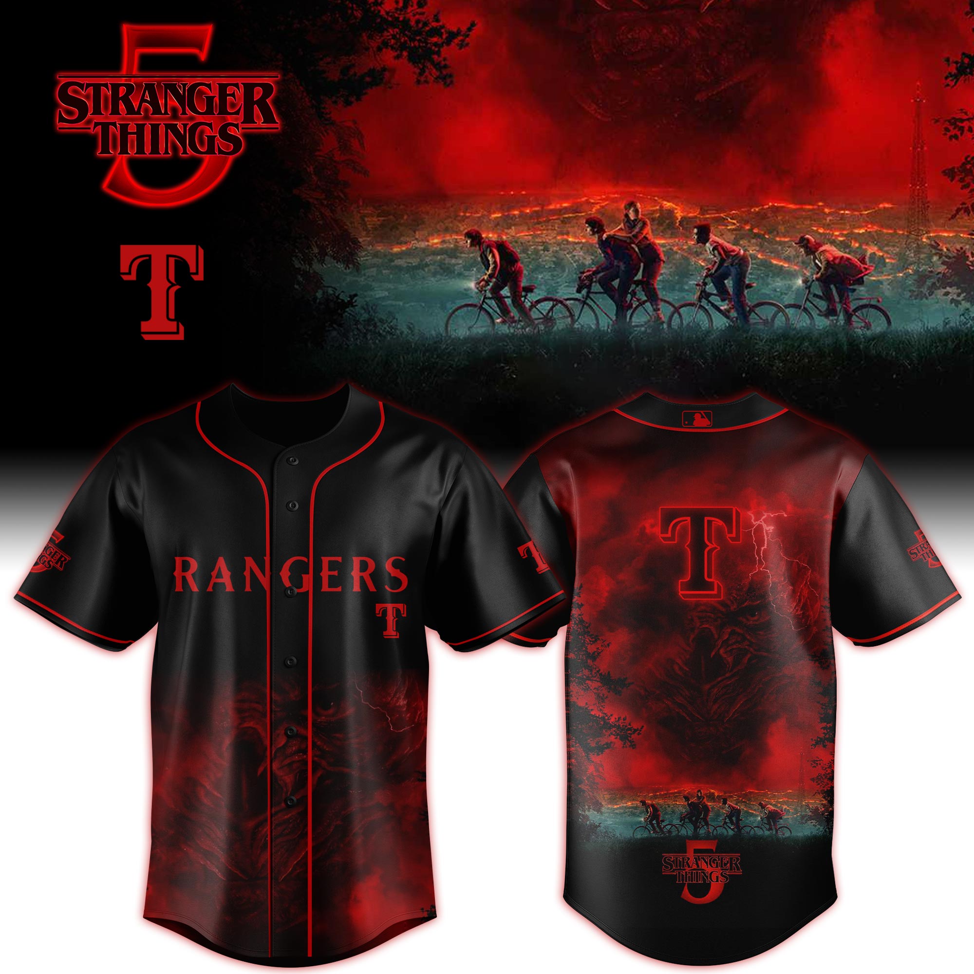 Texas Rangers MLB x Stranger Things Custom Baseball Jersey New Season For Fans