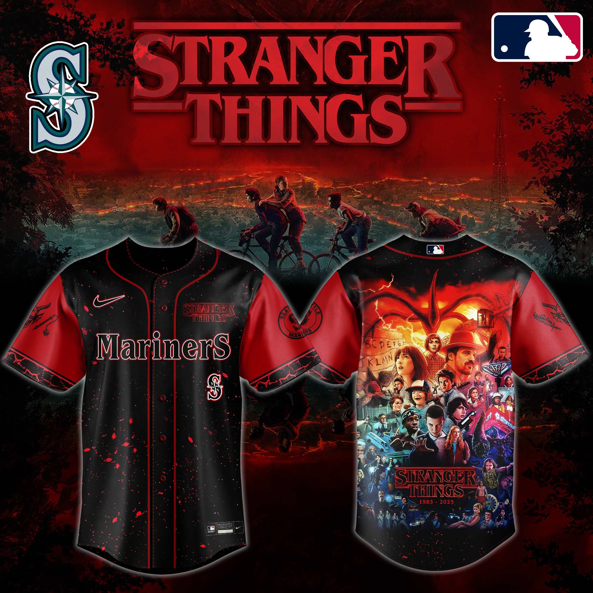 Seattle Mariners MLB x Stranger Things Custom Baseball Jersey New Season For Fans