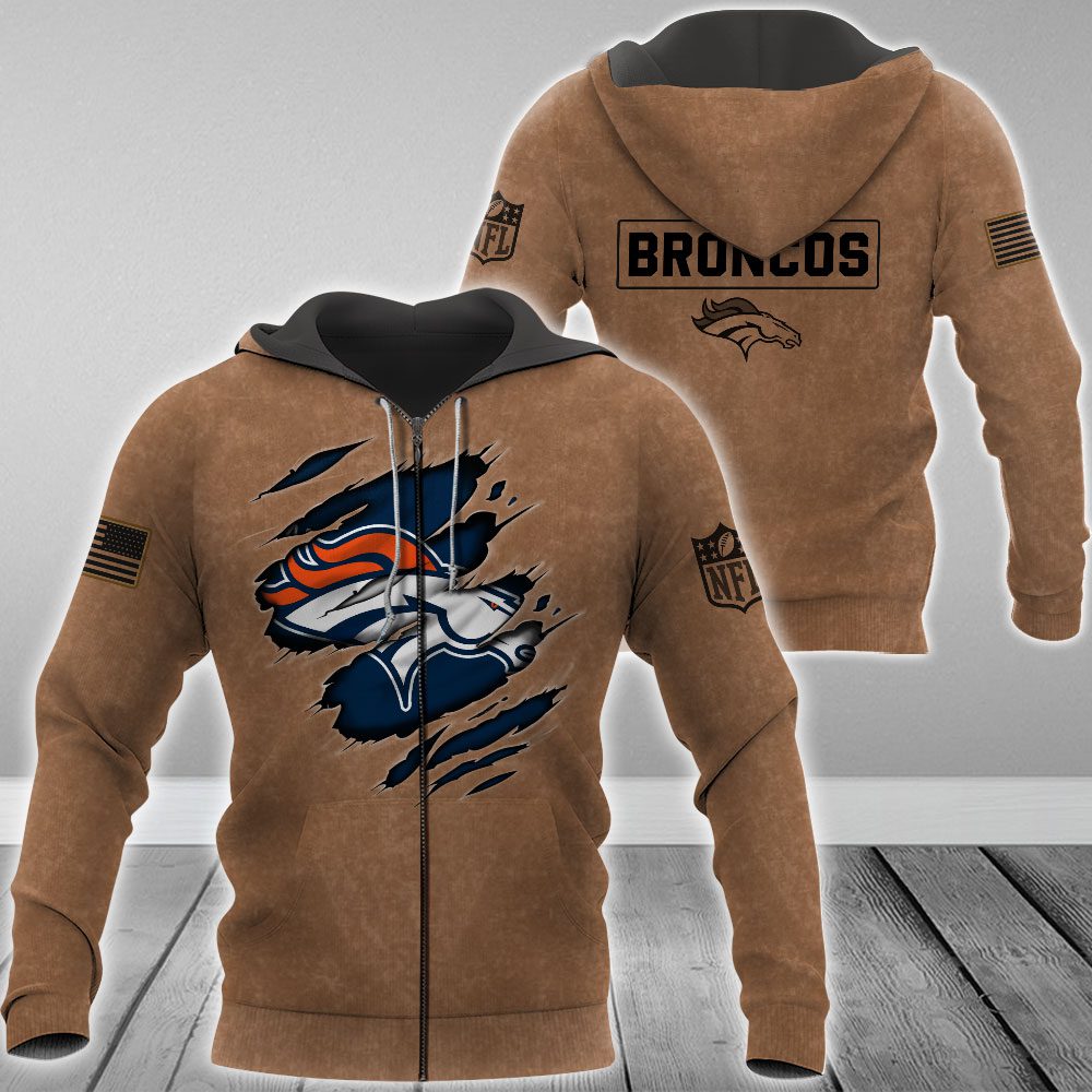 Denver Broncos Nfl Brown Distressed Logo Salute To Service 3D Zip Hoodie