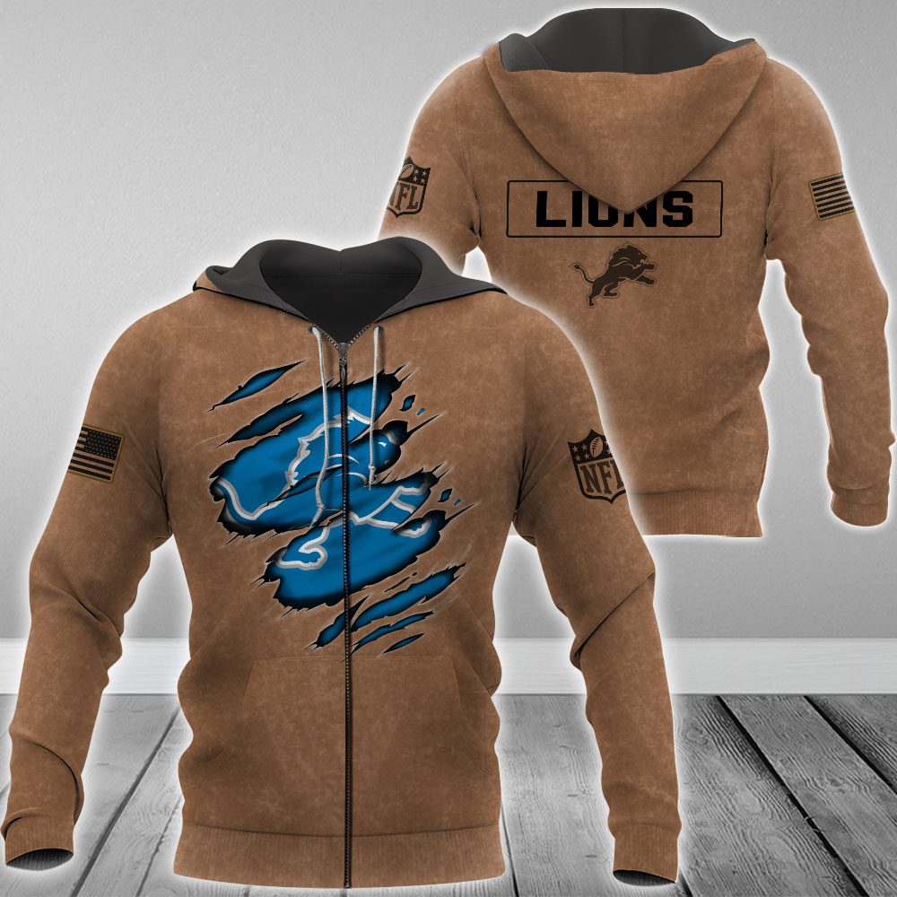 Detroit Lions Nfl Brown Distressed Logo Salute To Service 3D Zip Hoodie