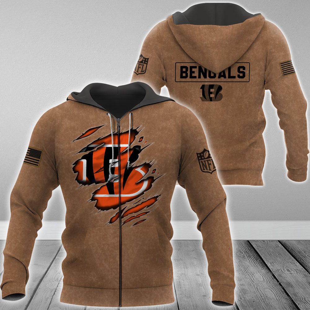 Cincinnati Bengals Nfl Brown Distressed Logo Salute To Service 3D Zip Hoodie
