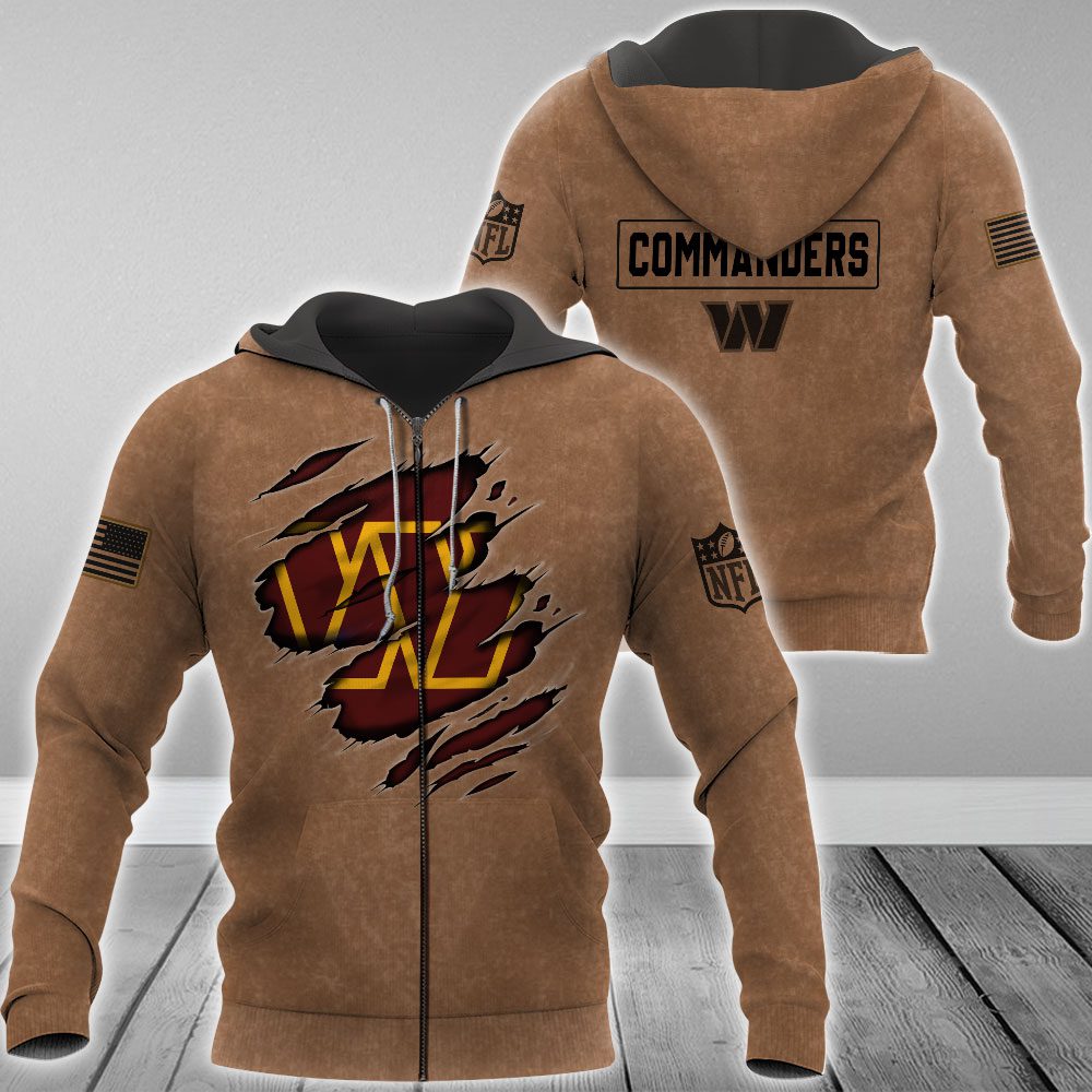 Washington Commanders Nfl Brown Distressed Logo Salute To Service 3D Zip Hoodie