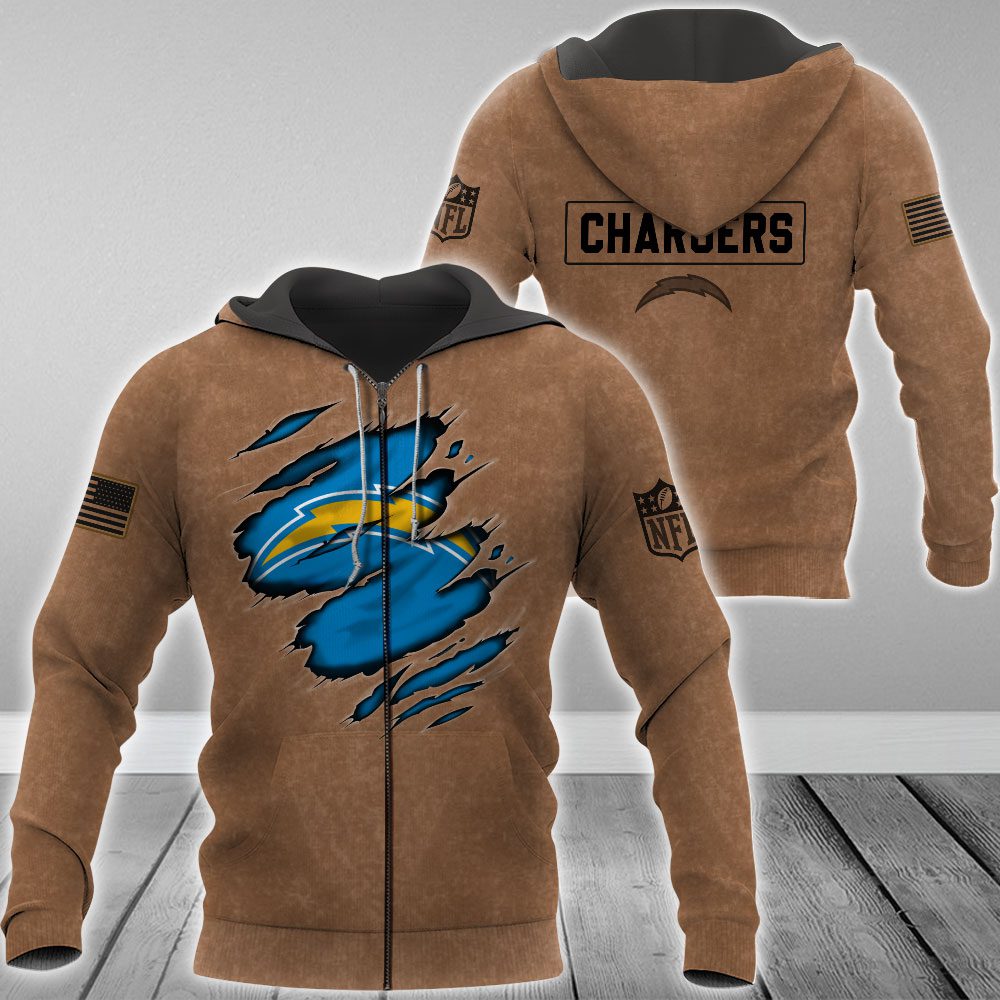 Los Angeles Chargers Nfl Brown Distressed Logo Salute To Service 3D Zip Hoodie