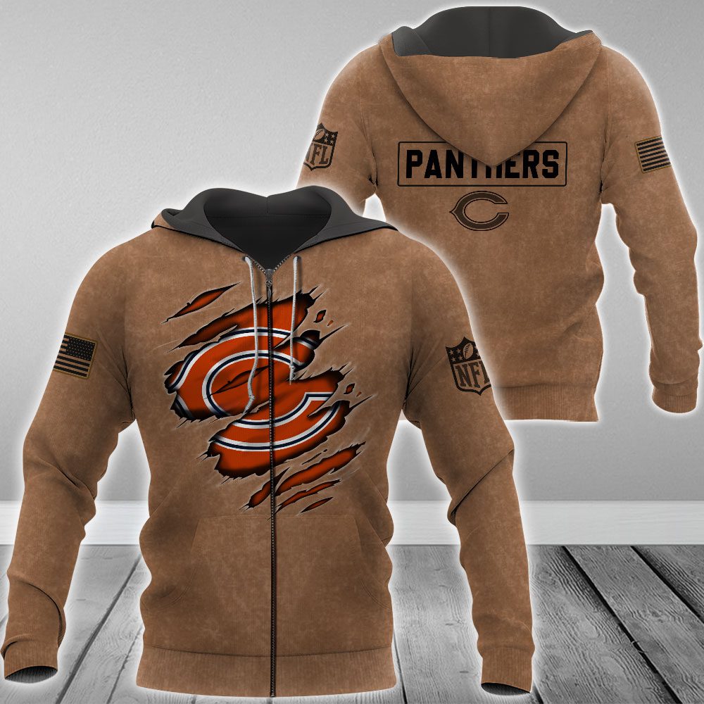 Chicago Bears Nfl Brown Distressed Logo Salute To Service 3D Zip Hoodie