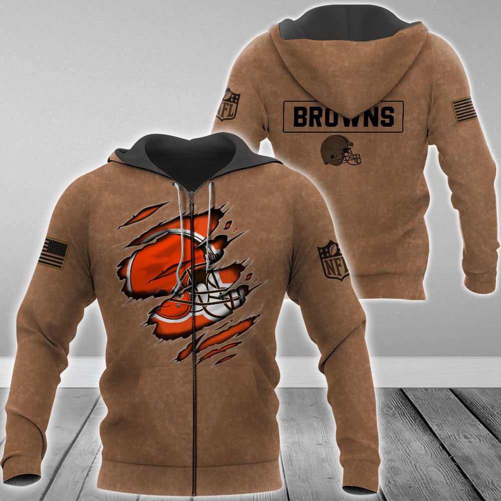 Cleveland Browns Nfl Brown Distressed Logo Salute To Service 3D Zip Hoodie