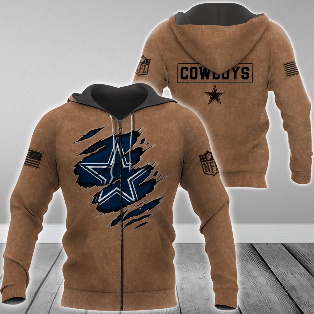 Dallas Cowboys Nfl Brown Distressed Logo Salute To Service 3D Zip Hoodie