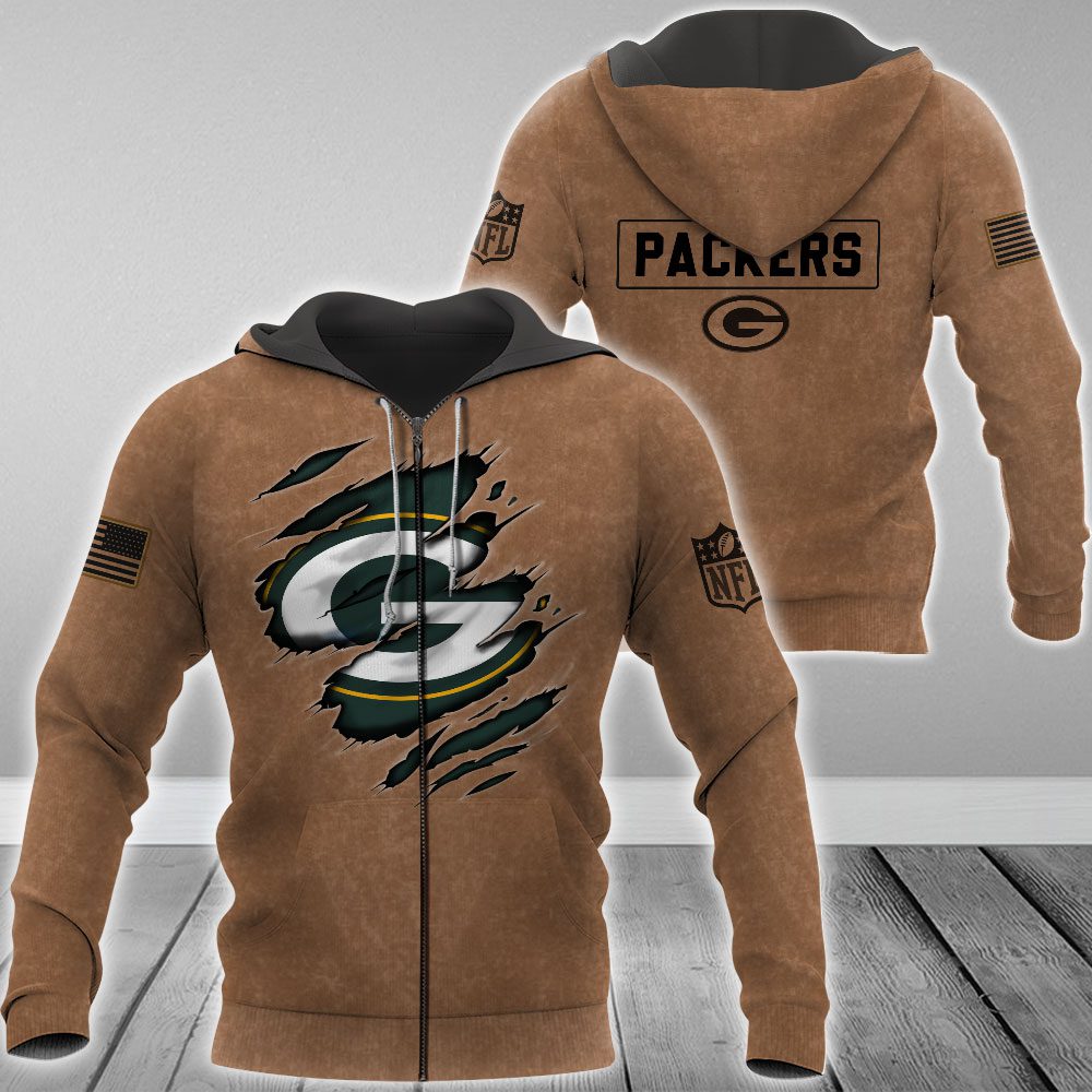 Green Bay Packers Nfl Brown Distressed Logo Salute To Service 3D Zip Hoodie