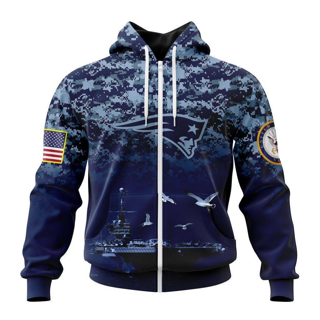 Personalized Nfl New England Patriots Honor Us Navy Veterans Zip Hoodie