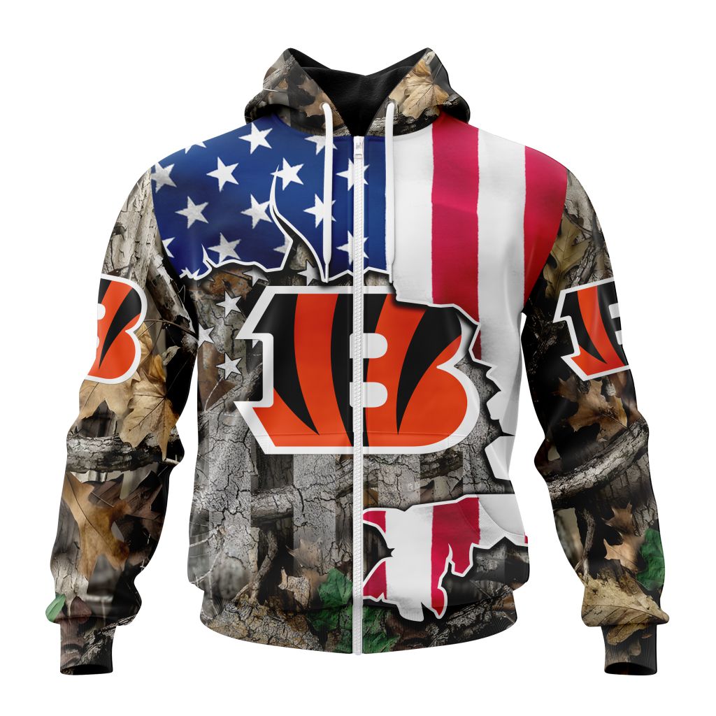 Customized Nfl Cincinnati Bengals Usa Flag Camo Realtree Hunting Custom Zip Hoodie