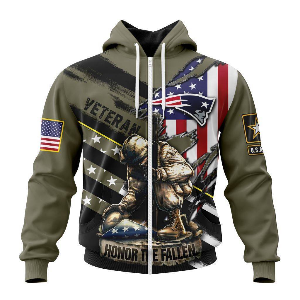 Personalized Nfl New England Patriots Honor Veterans Kneeling Soldier Zip Hoodie