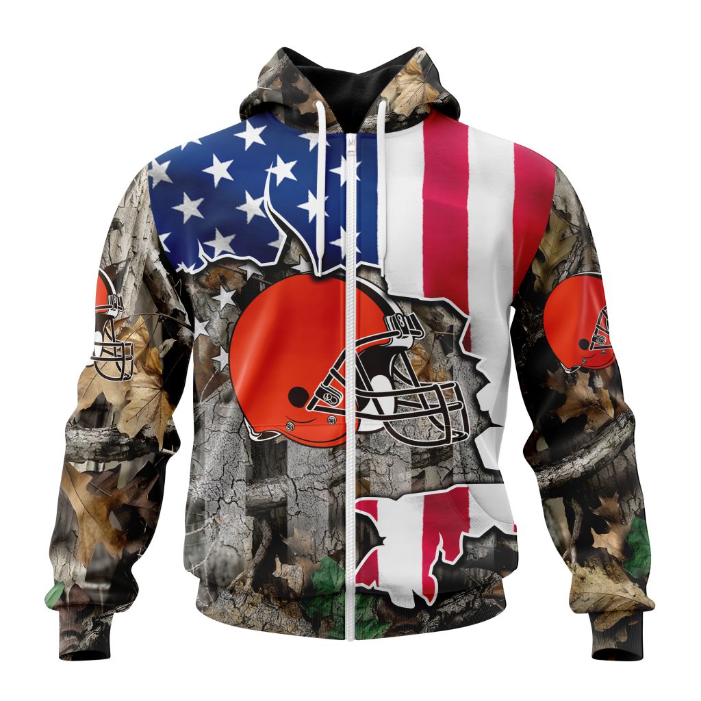 Customized Nfl Cleveland Browns Usa Flag Camo Realtree Hunting Custom Zip Hoodie