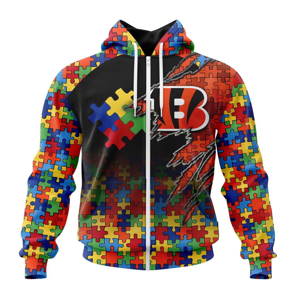 Customized Nfl Cincinnati Bengals Autism Awareness Design Zip Hoodie