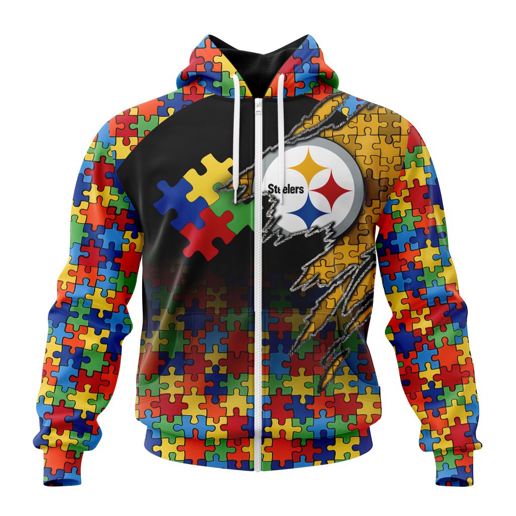Nfl Pittsburgh Steelers Autism Awareness Design Custom Zip Hoodie