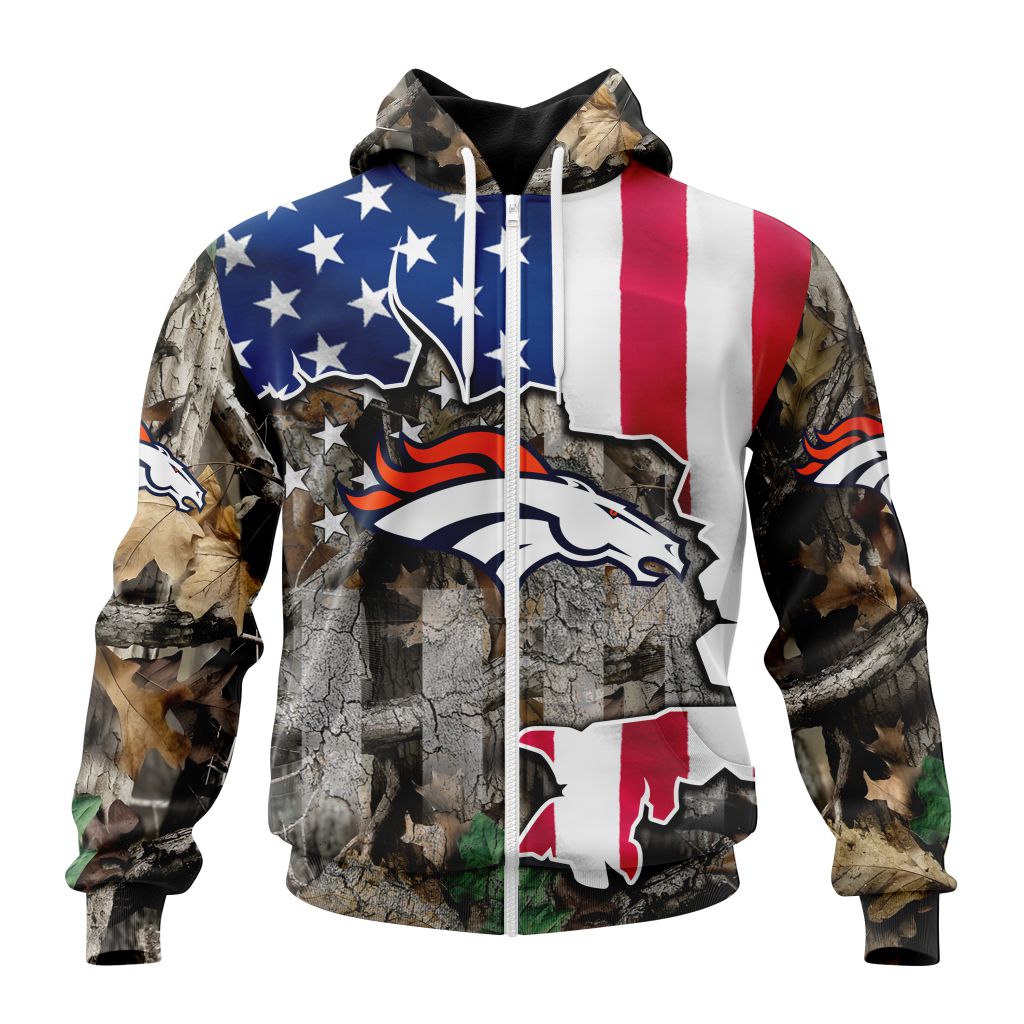 Nfl Denver Broncos Custom Name Number Usa Flag Camo Realtree Zip Up Hoodie