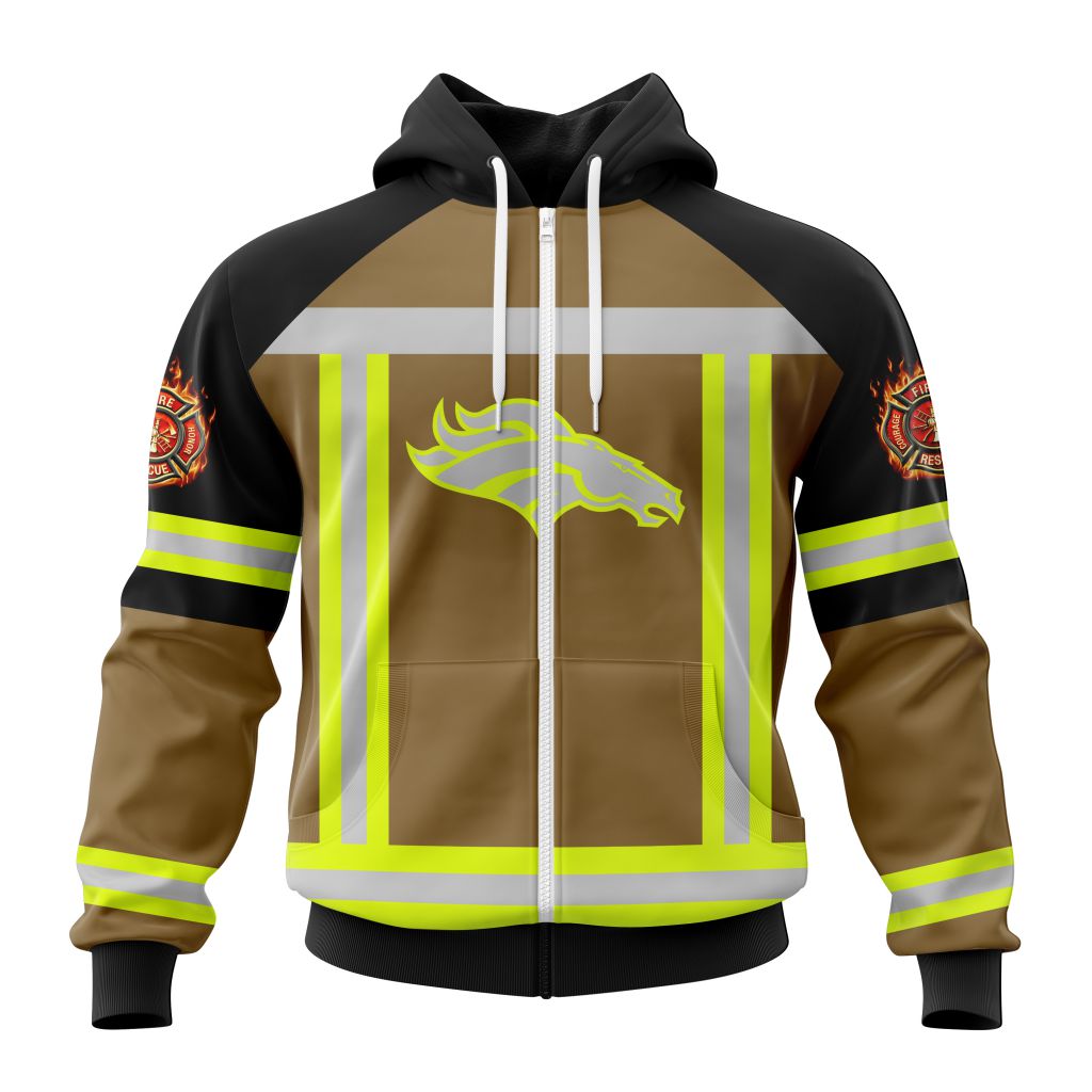 Nfl Denver Broncos Custom Name Number Firefighter Uniform Zip Up Hoodie
