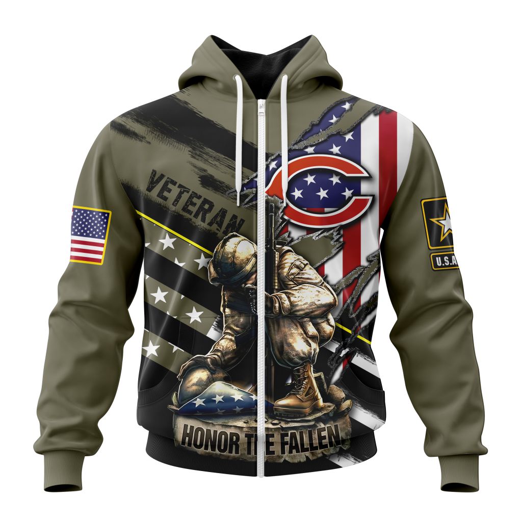 Nfl Chicago Bears Custom Name Number Veterans Kneeling Soldier Zip Up Hoodie