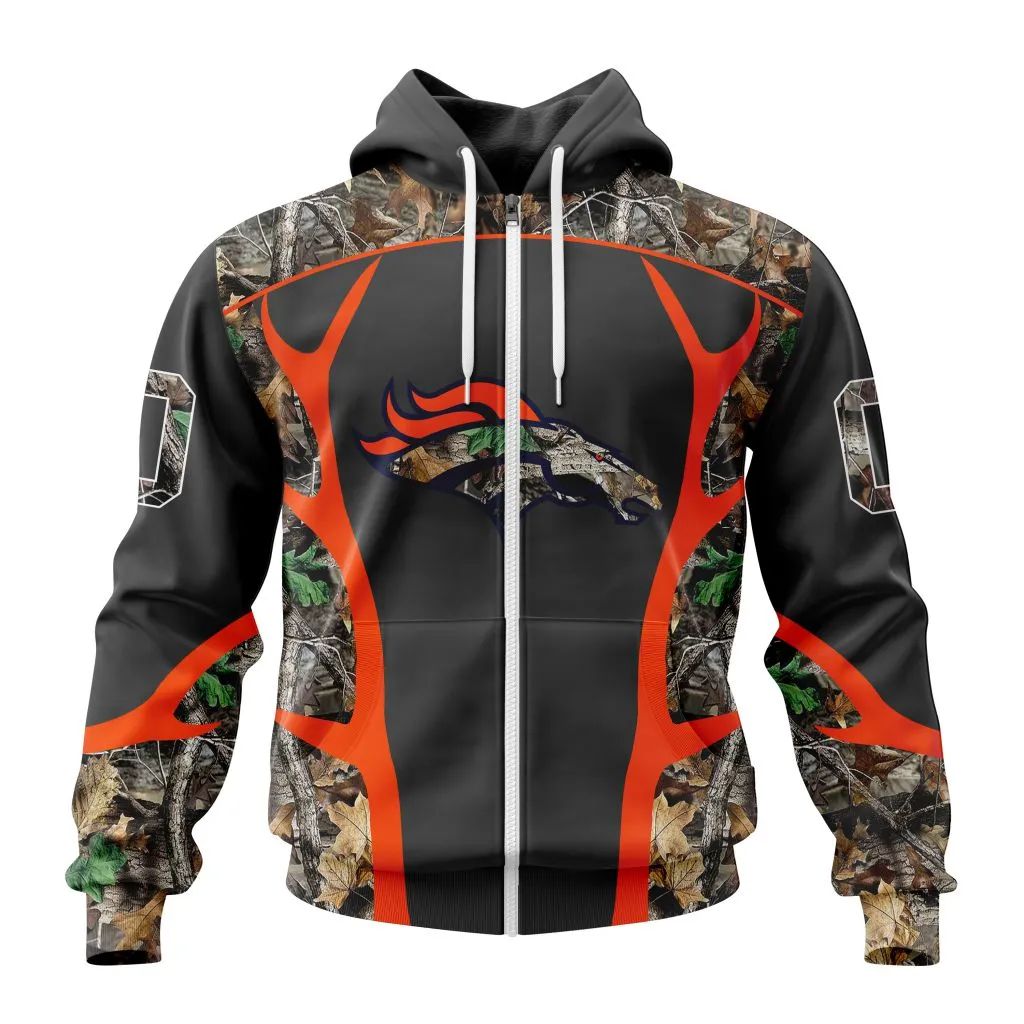 Nfl Denver Broncos Custom Name Number Camo Hunting Zip Up Hoodie