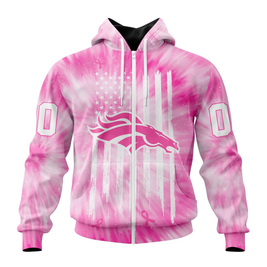 Nfl Denver Broncos Custom Name Number Pink Tie-Dye Zip Up Hoodie