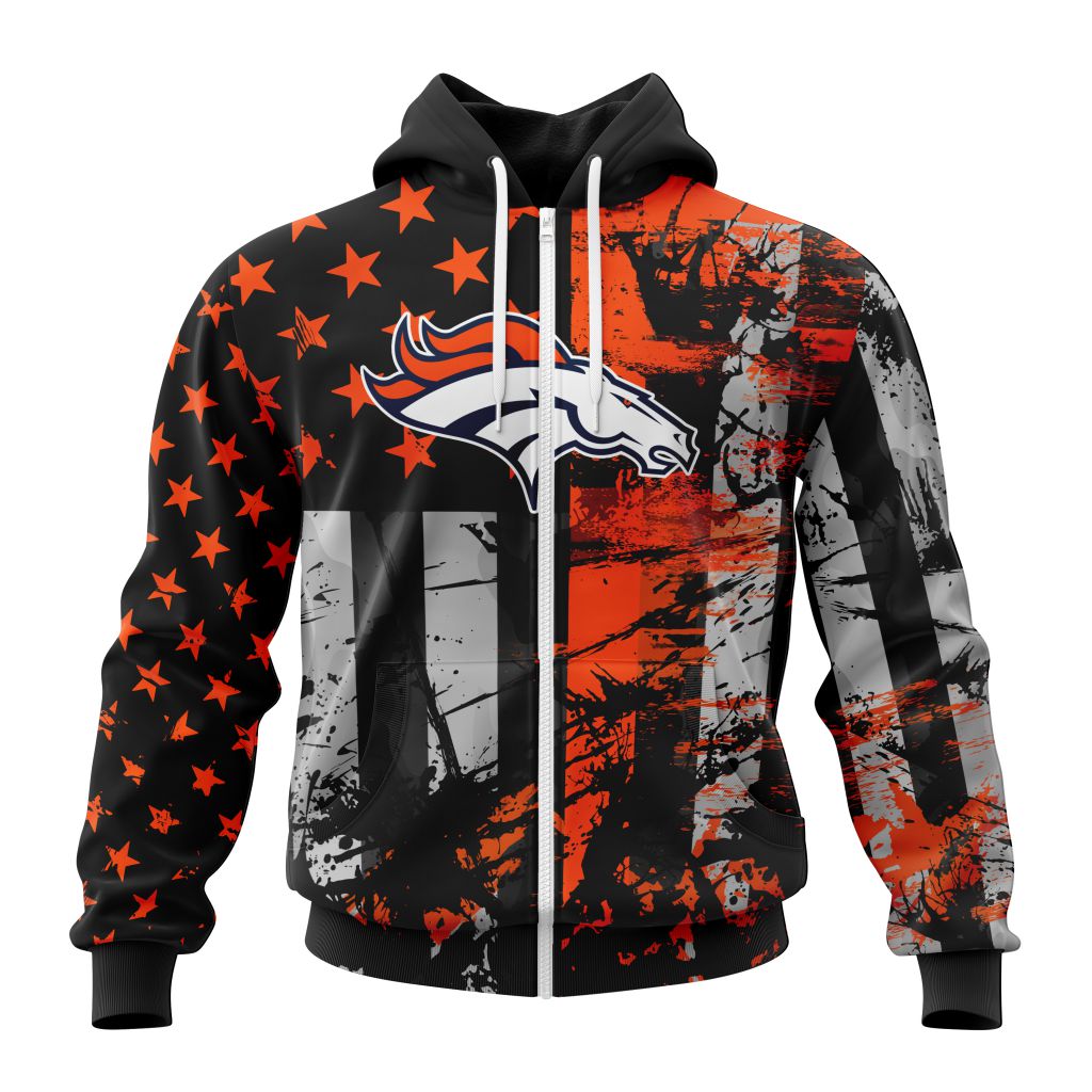 Nfl Denver Broncos Custom Name Number Classic Grunge American Flag Zip Up Hoodie