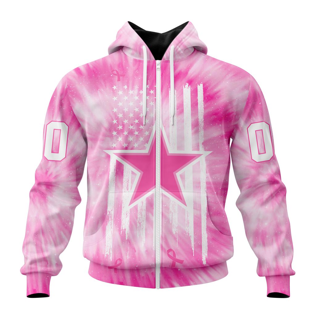 Nfl Dallas Cowboys Custom Name Number Pink Tie-Dye Zip Up Hoodie