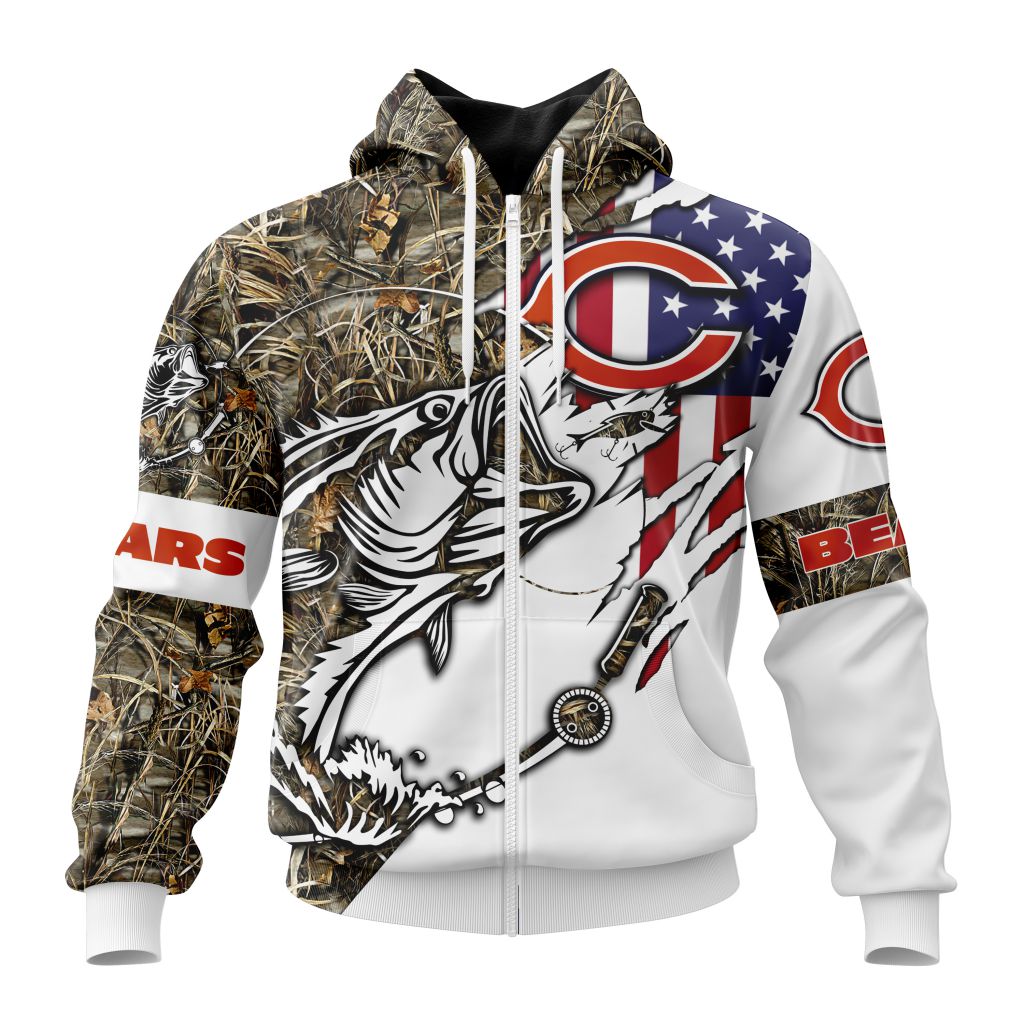 Nfl Chicago Bears Custom Name Number Fishing With Flag Of Usa Zip Up Hoodie