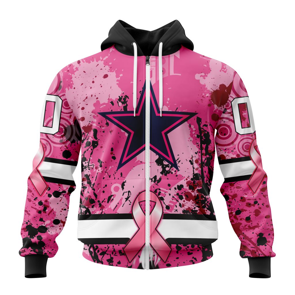 Nfl Dallas Cowboys Custom Name Number Pink Breast Cancer Zip Up Hoodie