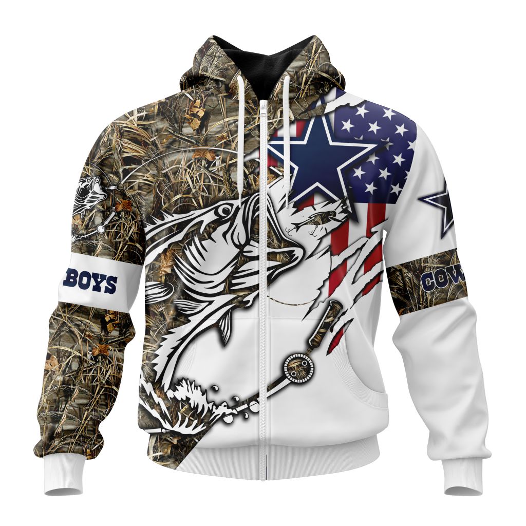 Nfl Dallas Cowboys Custom Name Number Fishing With Flag Of Usa Zip Up Hoodie