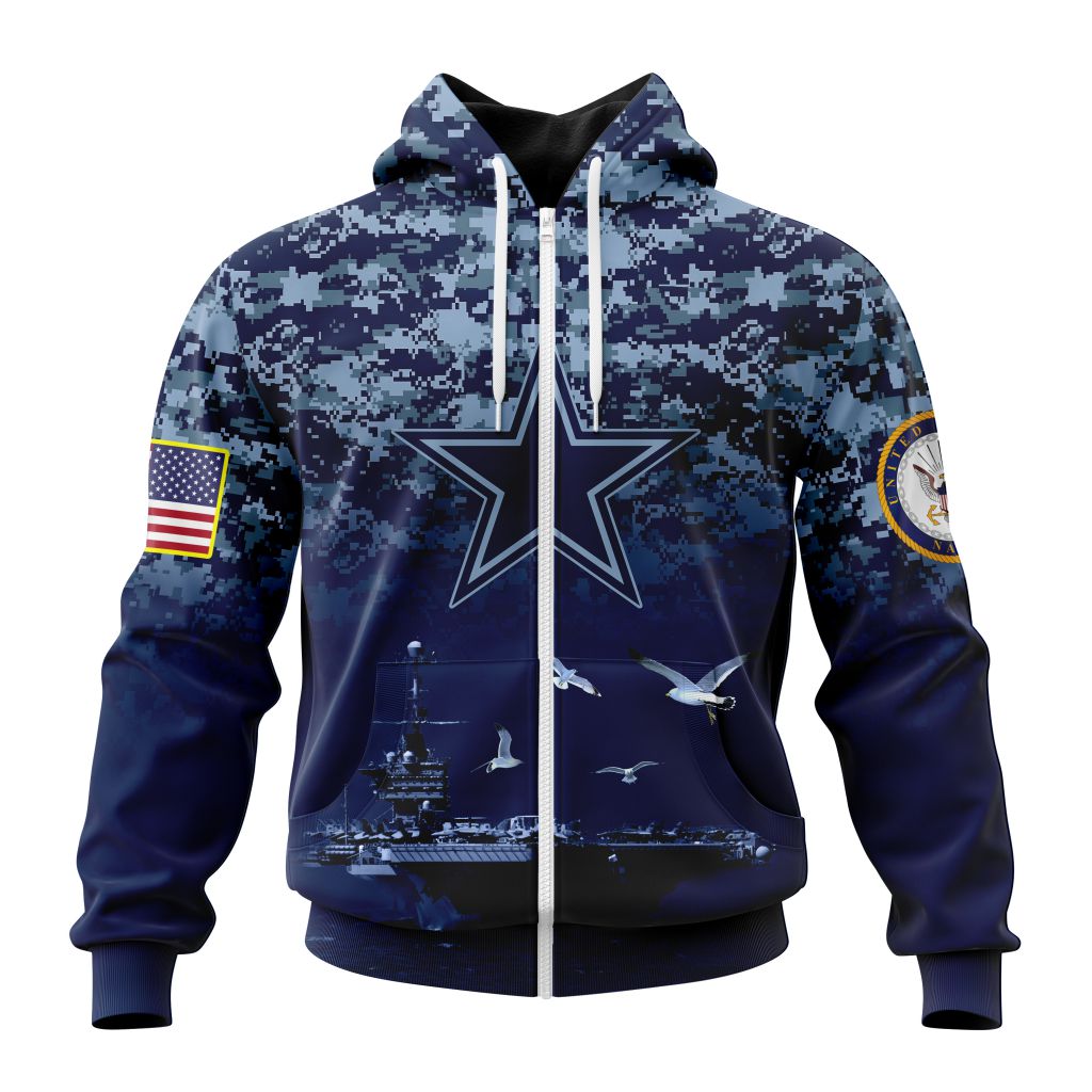 Nfl Dallas Cowboys Custom Name Number Honor Us Navy Veterans Zip Up Hoodie