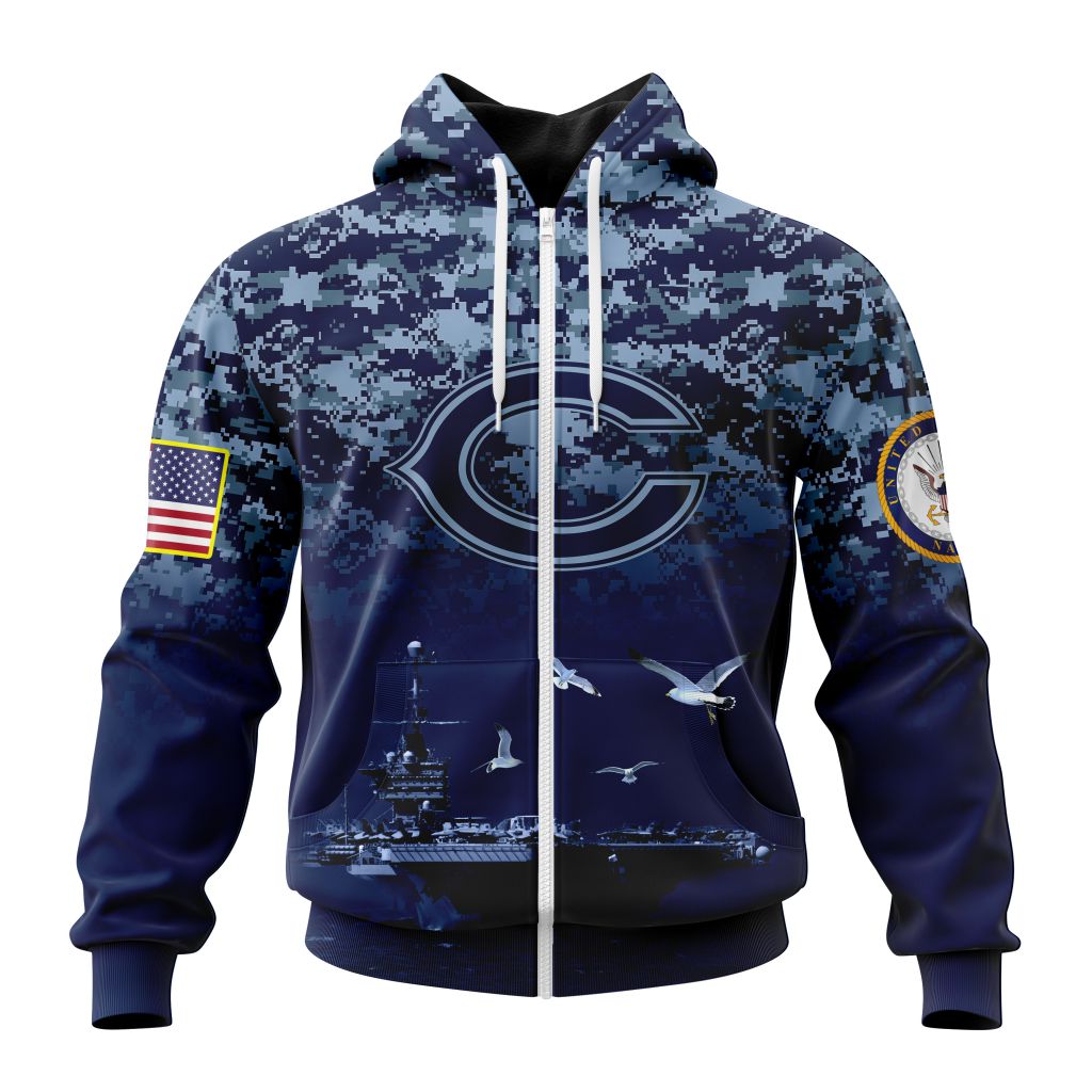 Nfl Chicago Bears Custom Name Number Honor Us Navy Veterans Zip Up Hoodie