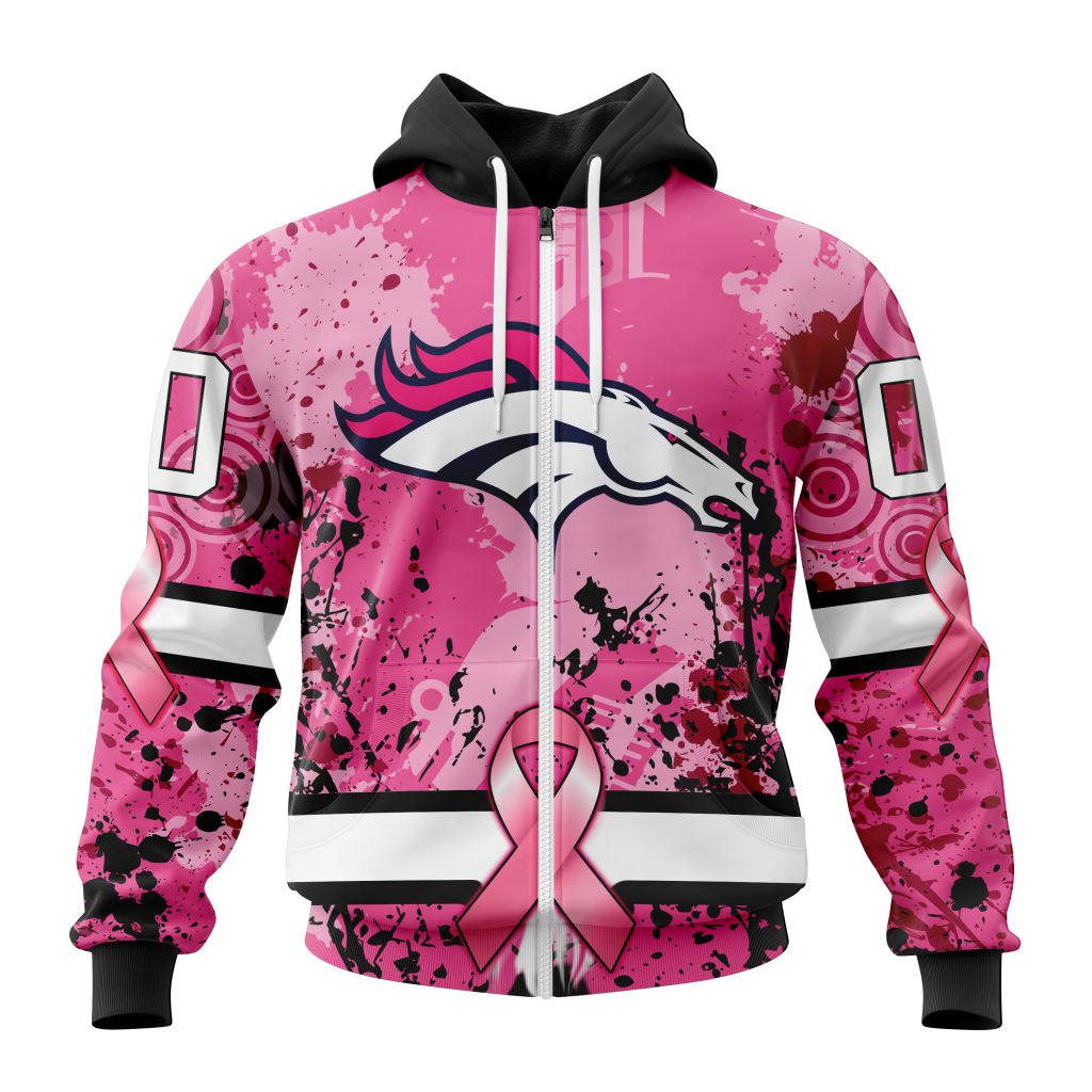 Nfl Denver Broncos Custom Name Number Pink Breast Cancer Zip Up Hoodie