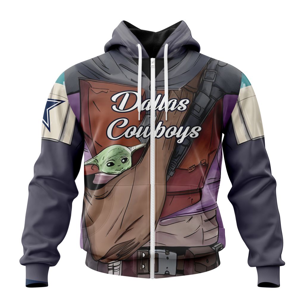 Nfl Dallas Cowboys Custom Name Number Mandalorian And Baby Yoda Zip Up Hoodie