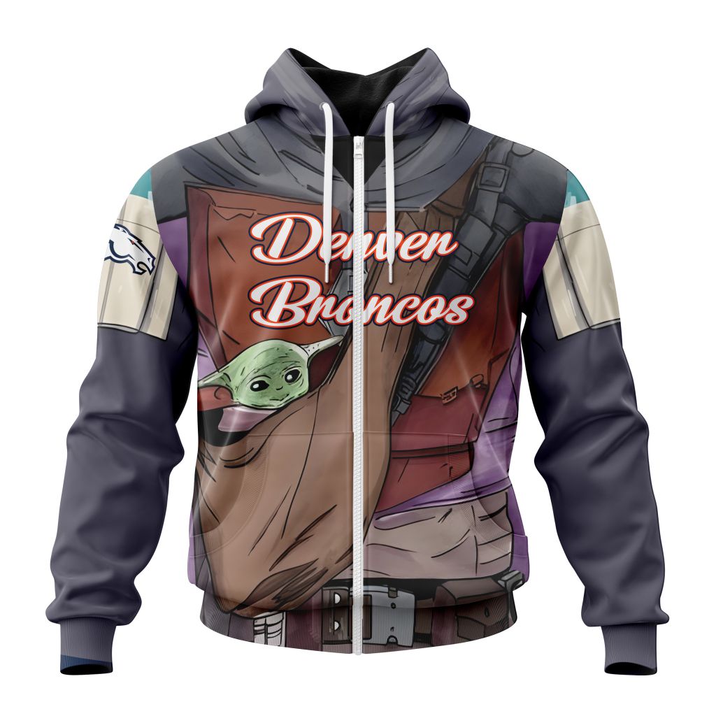 Nfl Denver Broncos Custom Name Number Mandalorian And Baby Yoda Zip Up Hoodie