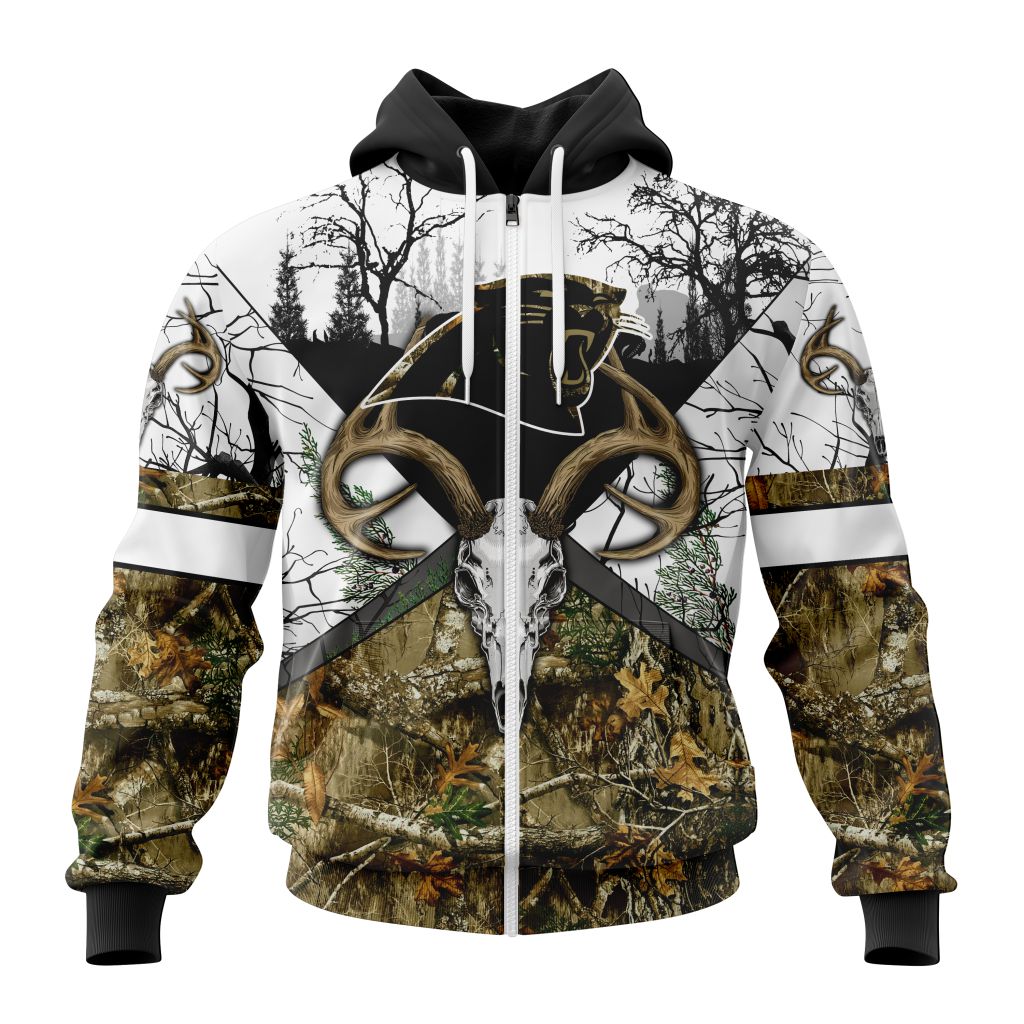 Nfl Carolina Panthers Custom Name Number Deer Skull And Forest Zip Up Hoodie