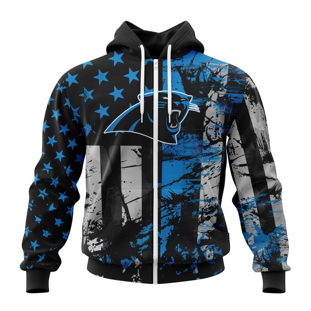 Nfl Carolina Panthers Custom Name Number Classic Grunge American Flag Zip Up Hoodie