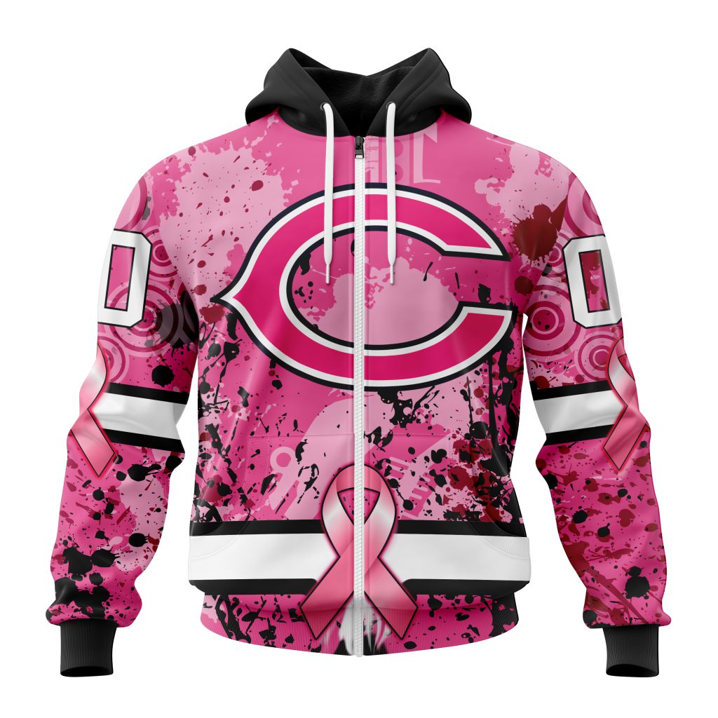 Nfl Chicago Bears Custom Name Number Pink Breast Cancer Zip Up Hoodie