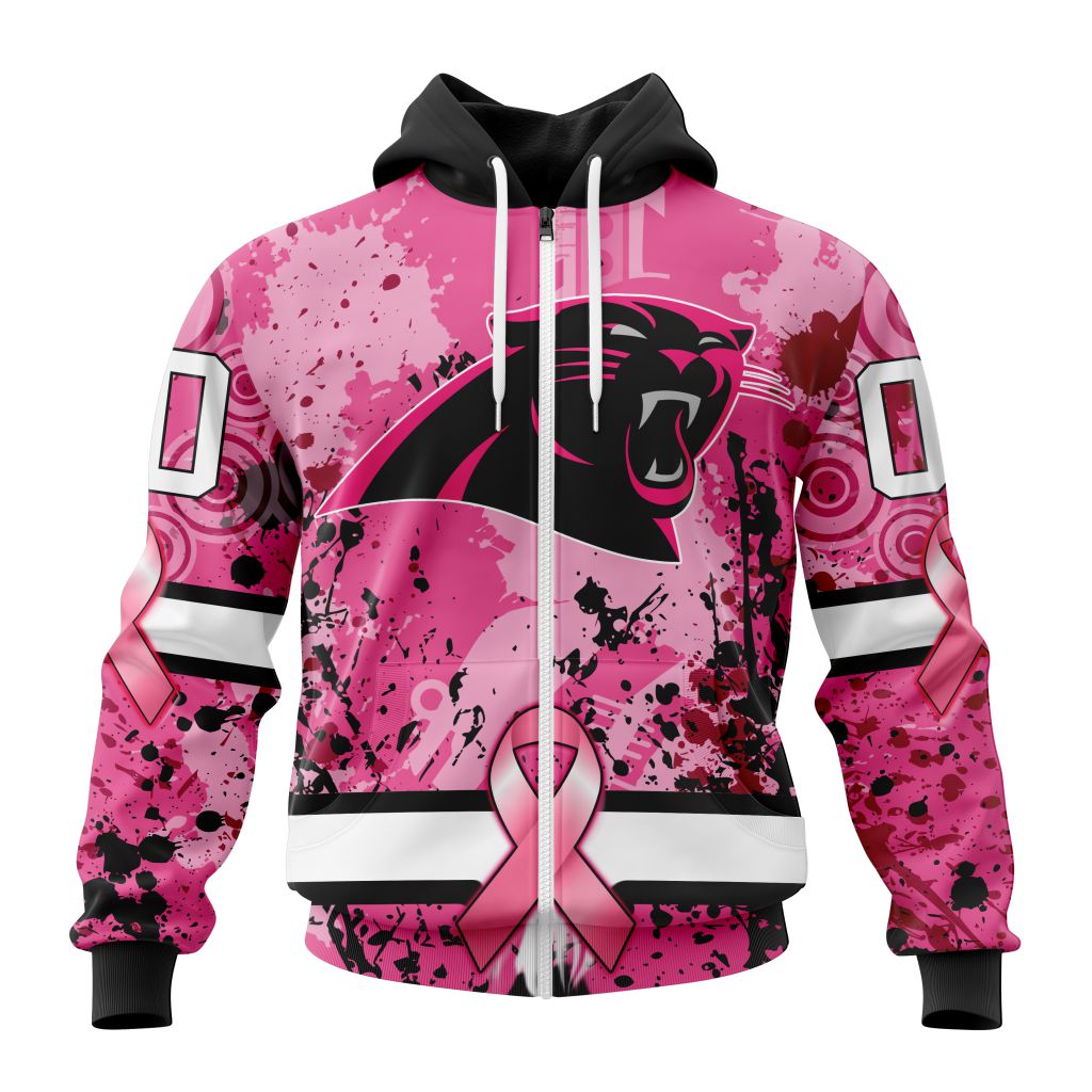 Nfl Carolina Panthers Custom Name Number Pink Breast Cancer Zip Up Hoodie