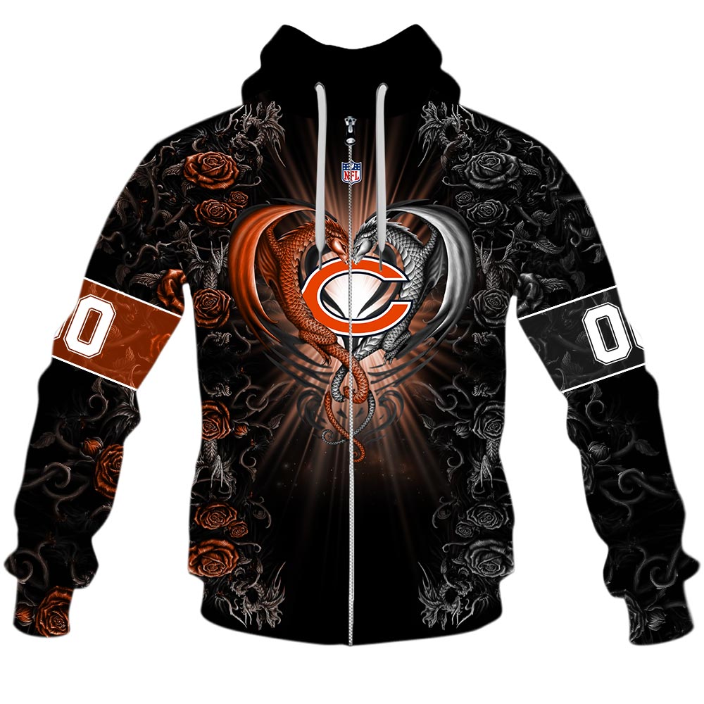 Nfl Chicago Bears Custom Name Number Rose Dragon Zip Up Hoodie