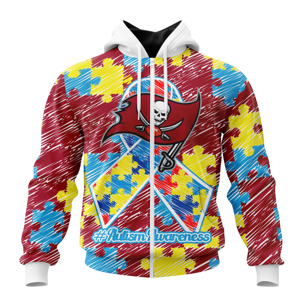 Nfl Tampa Bay Buccaneers Custom Name Number Puzzle Autism Awareness Zip Up Hoodie