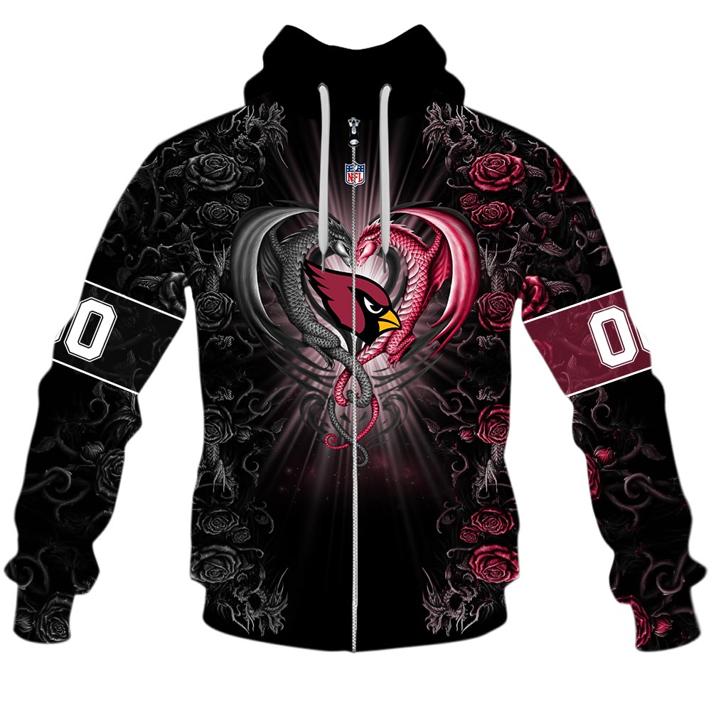 Nfl Arizona Cardinals Custom Name Number Rose Dragon Zip Up Hoodie