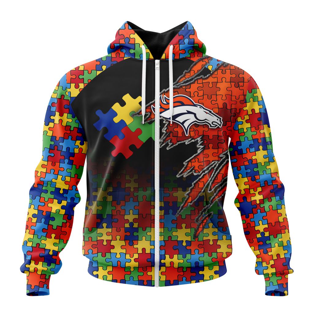Nfl Denver Broncos Custom Name Number Autism Awareness Design Zip Up Hoodie