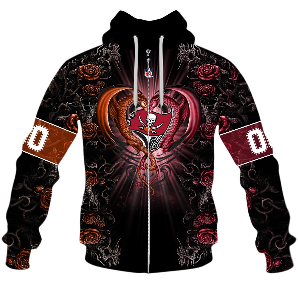 Nfl Tampa Bay Buccaneers Custom Name Number Rose Dragon Zip Up Hoodie